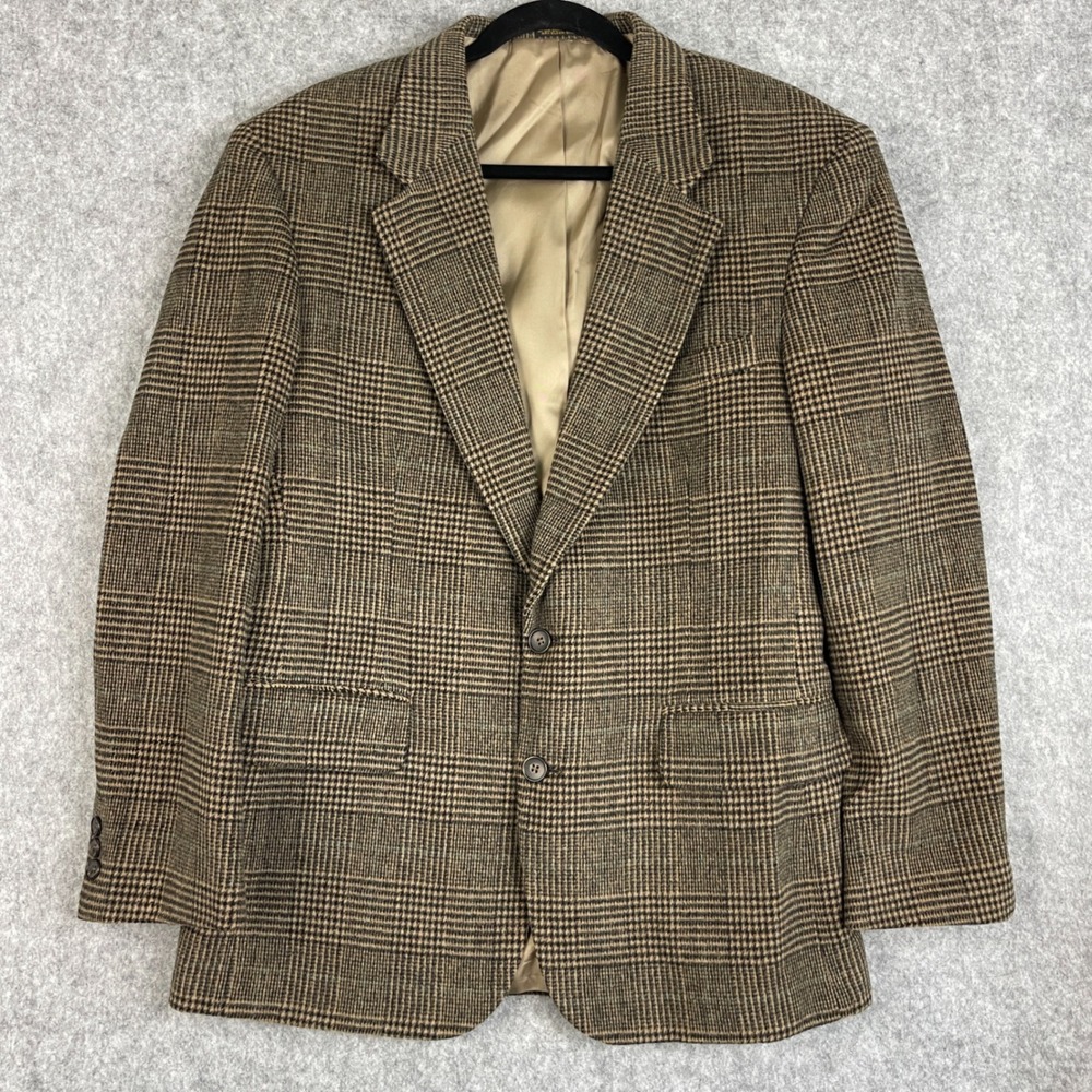 Stafford Glen Check Wool Blazer Sport Coat Mens 42R Brown‎ 2 Button